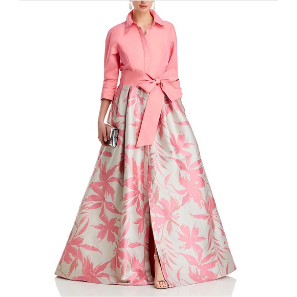 Teri Jon by Rickie Freeman Floral Taffeta Shirt Dress Gown Salmon Pink 4 - Picture 3 of 14
